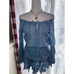 Rare LOVESHACKFANCY Natasha Ruffle Mini Dress - Dusty Blue Lace Smocked XS/S